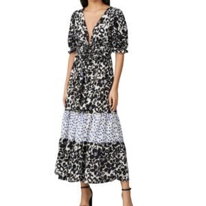 Love Whit ladies black floral puffed sleeve tiered maxi dress black/blue SZ XS‎